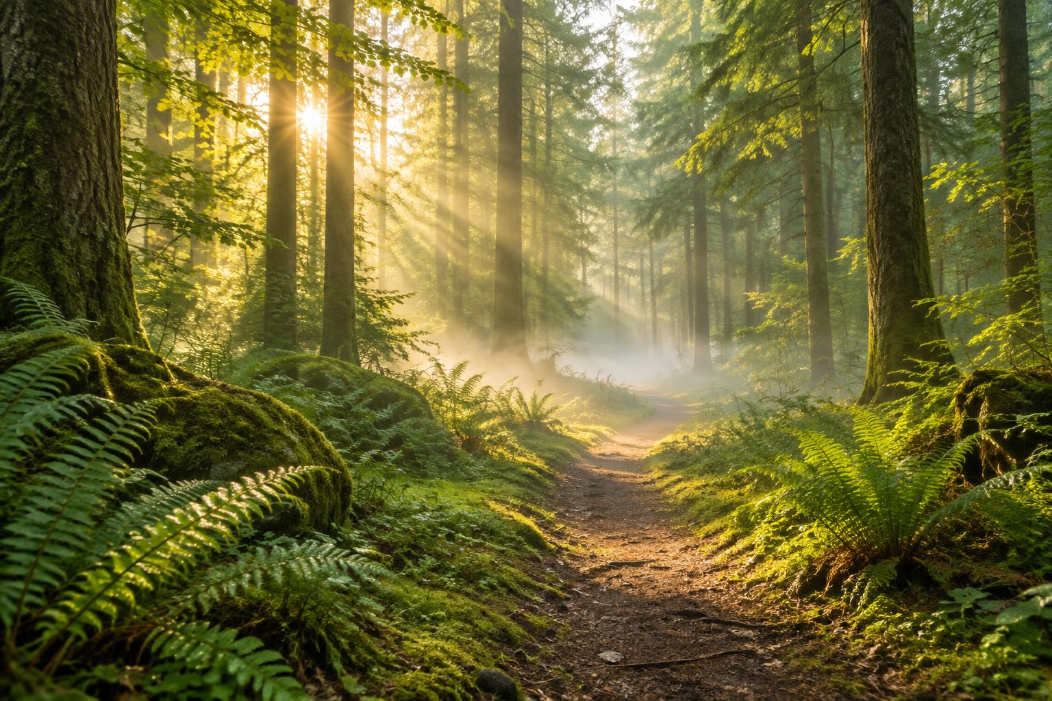A quiet forest path at dawn with soft light breaking through the trees — the road of recovery someone walks with a coach beside them.