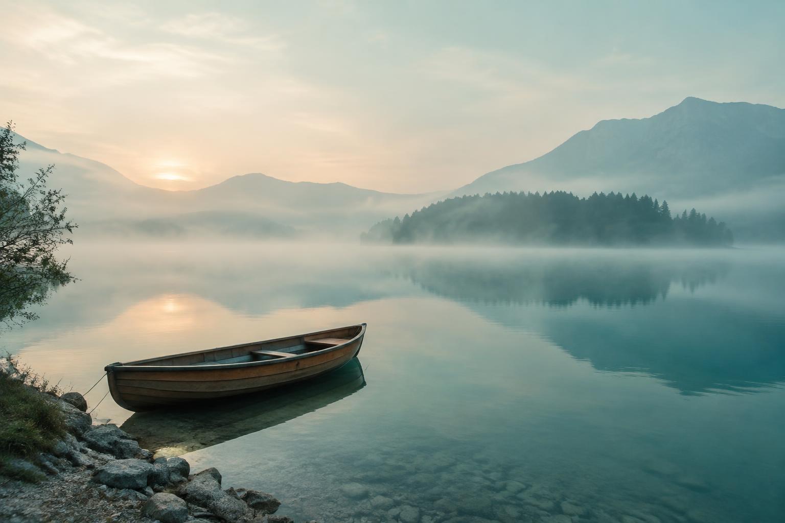 A still lake at dawn with soft mist over the water — the quiet calm Just Vent helps you find.